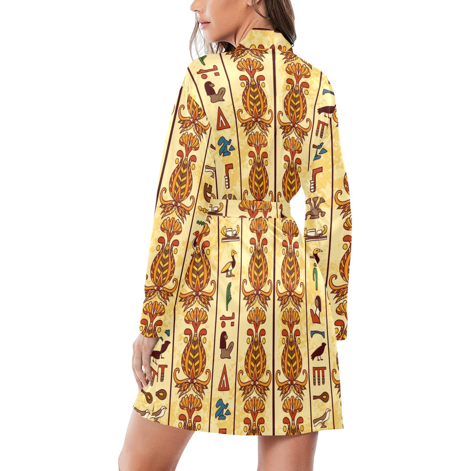 Egypt Hieroglyphics Pattern Print Design 04 Women's Long Sleeve Belted Night Robe