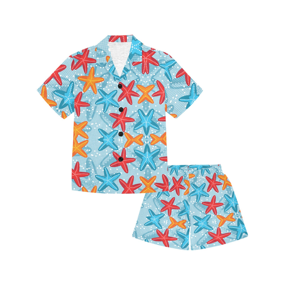 Blue red orange starfish pattern Kids' Boys' Girls' V-Neck Short Pajama Set