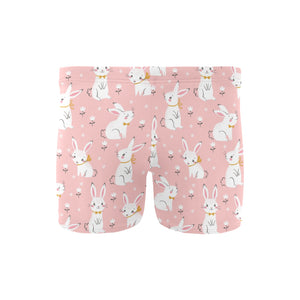 Cute white rabbit flower pink background Men's Swimming Trunks