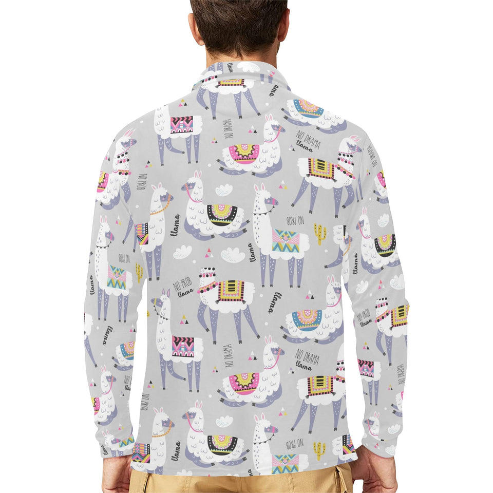 Cute Llama Alpaca pattern Men's Long Sleeve Polo Shirt