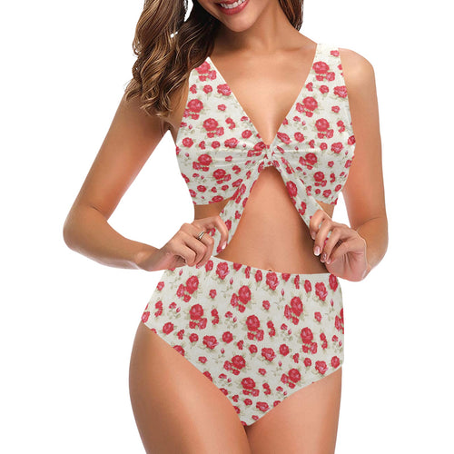 Rose Pattern Print Design 01 Chest Bowknot High Waisted Bikini Swimsuit