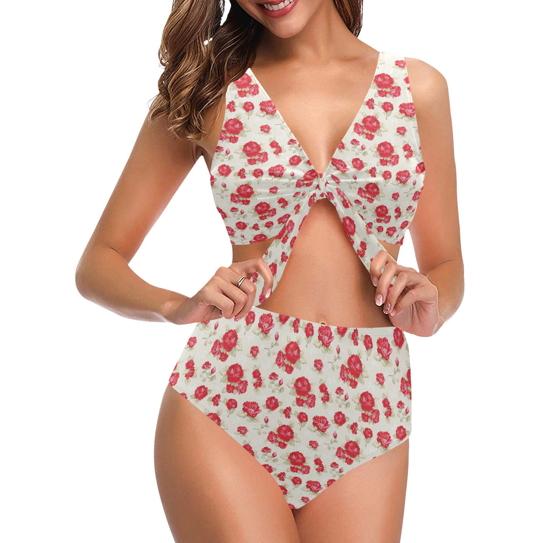 Rose Pattern Print Design 01 Chest Bowknot High Waisted Bikini Swimsuit
