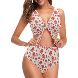 Rose Pattern Print Design 01 Chest Bowknot High Waisted Bikini Swimsuit