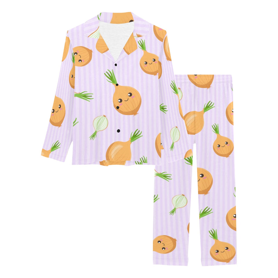 cute onions smiling faces purple background Women's Long Pajama Set
