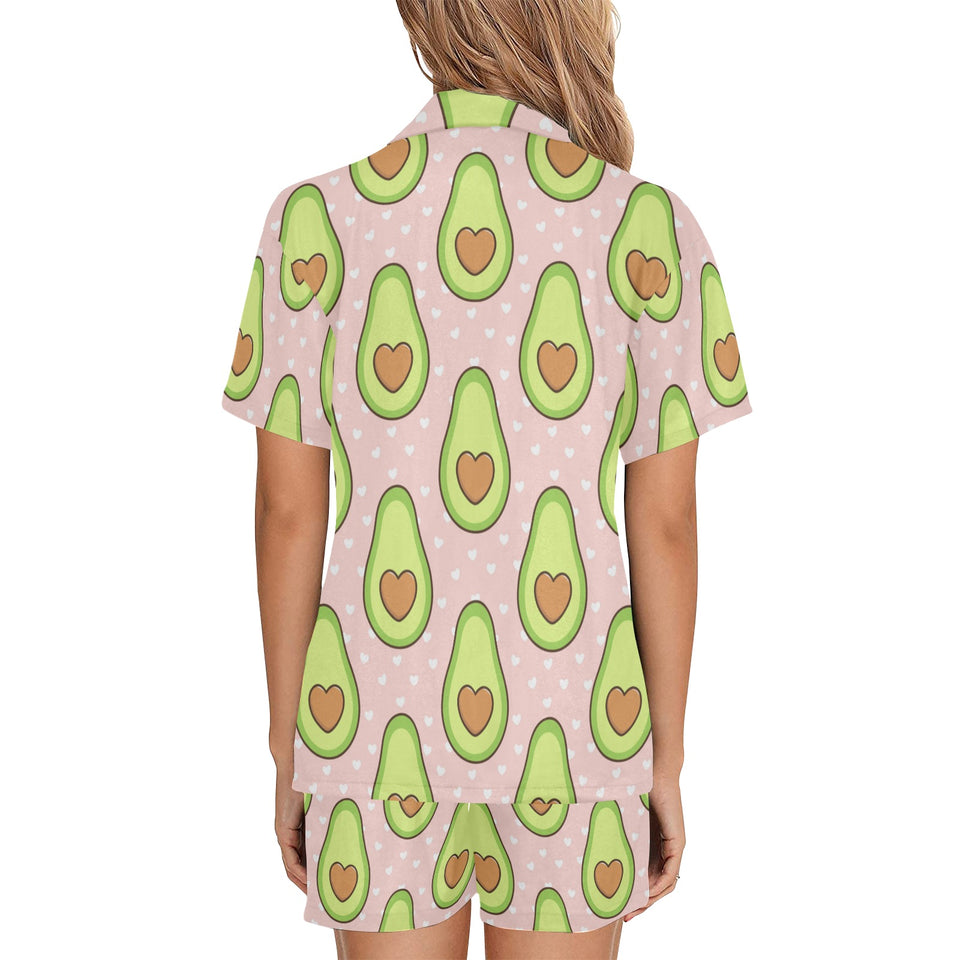 Avocado heart pink background Women's V-Neck Short Pajama Set
