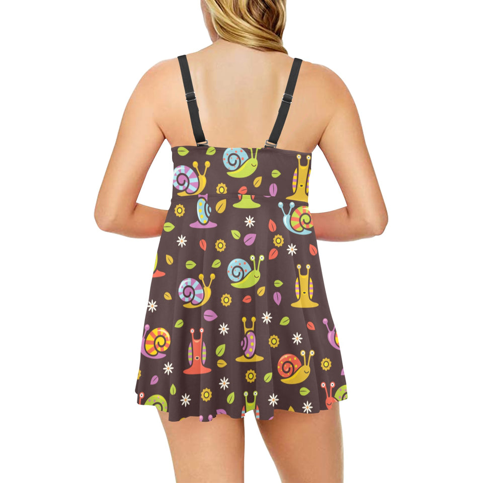 Snail Pattern Print Design 02 Chest Sexy Pleated Two Piece Swim Dress