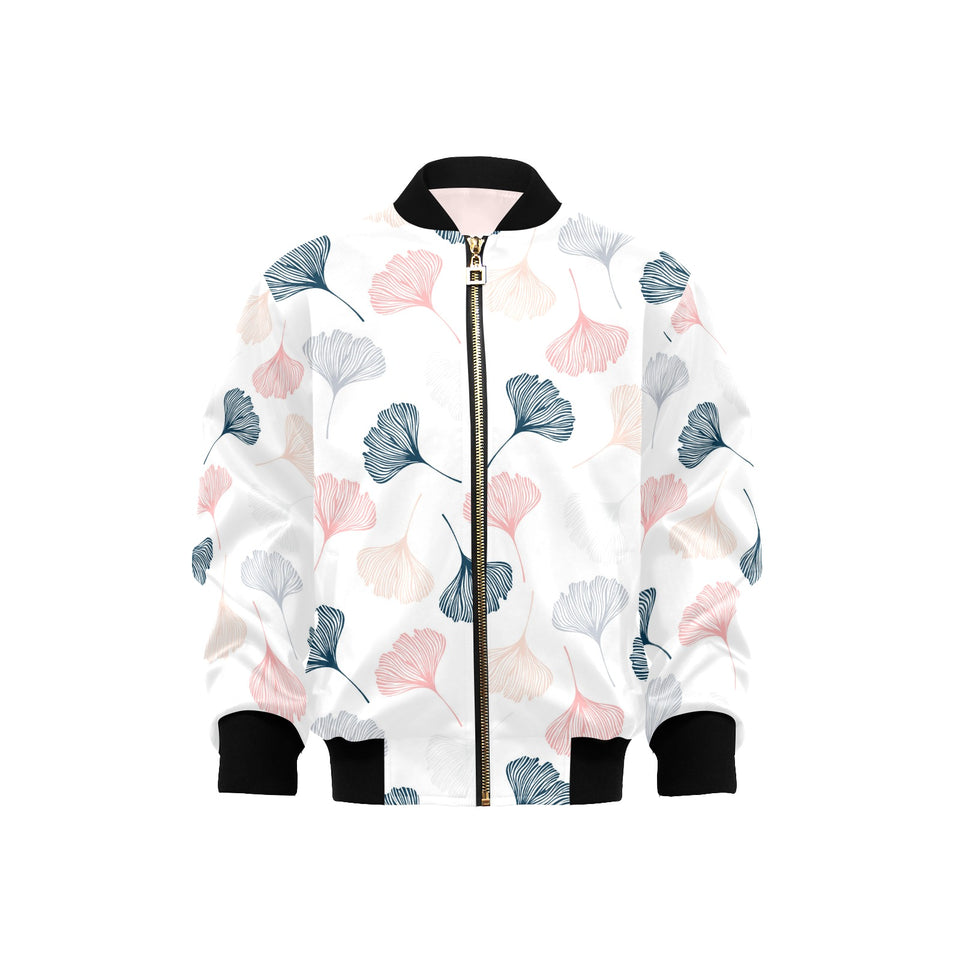 Black Gray Cream coral ginkgo leaves pattern Kids' Boys' Girls' Bomber Jacket