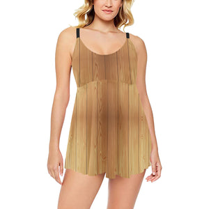 Wood Printed Pattern Print Design 05 Chest Sexy Pleated Two Piece Swim Dress