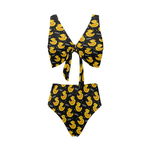 Duck Pattern Print Design 05 Chest Bowknot High Waisted Bikini Swimsuit
