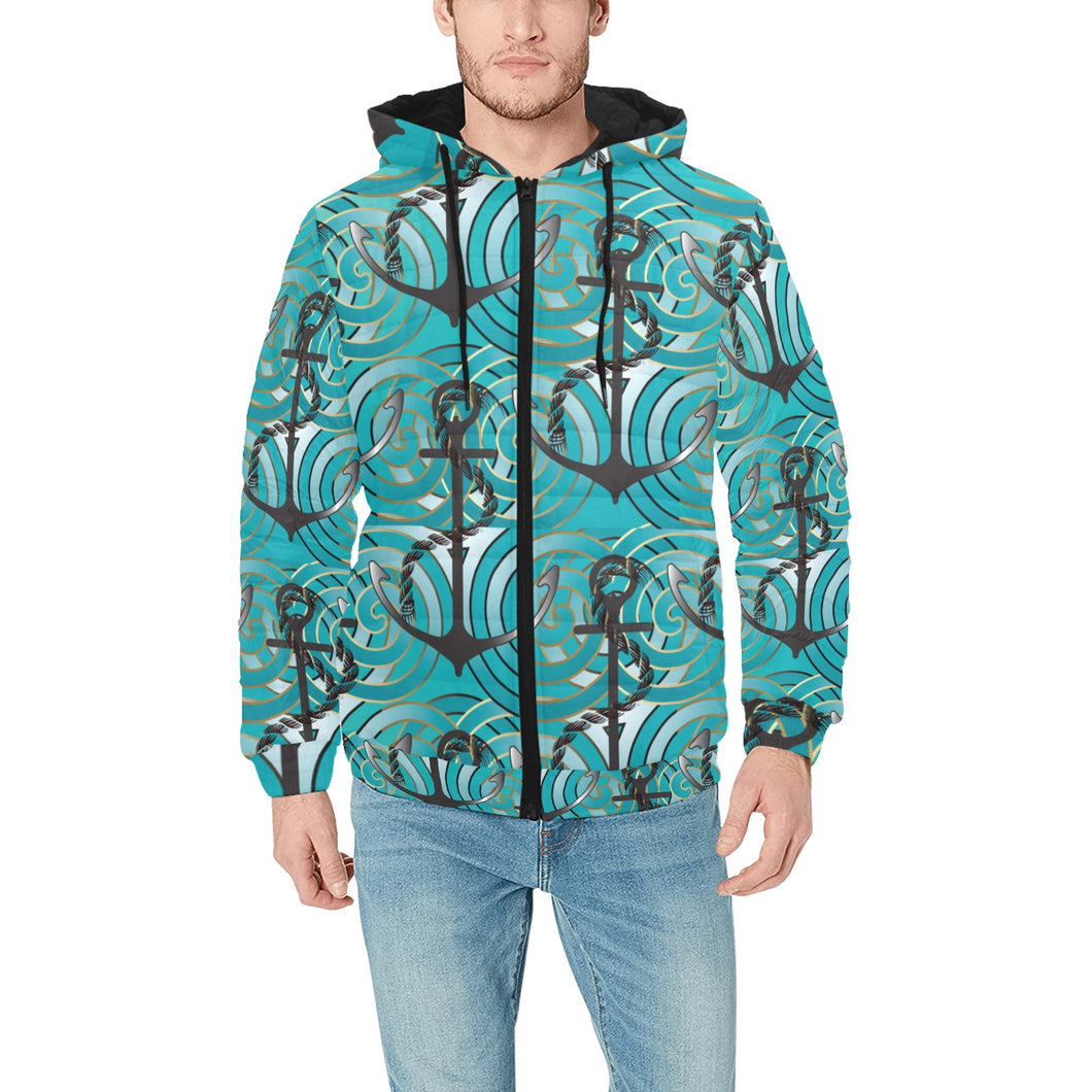 Anchor nautical green background Men's Padded Hooded Jacket
