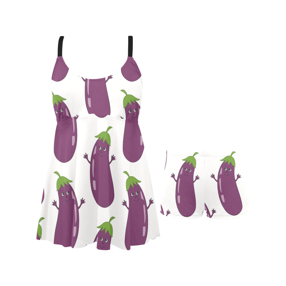 Eggplant Pattern Print Design 01 Chest Sexy Pleated Two Piece Swim Dress