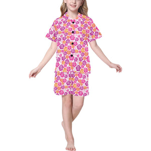 Hibiscus Pattern Print Design 01 Kids' Boys' Girls' V-Neck Short Pajama Set