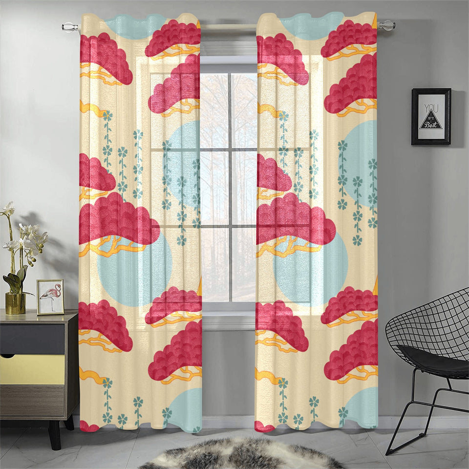 Red Bonsai gray sun japanese pattern Gauze Curtain