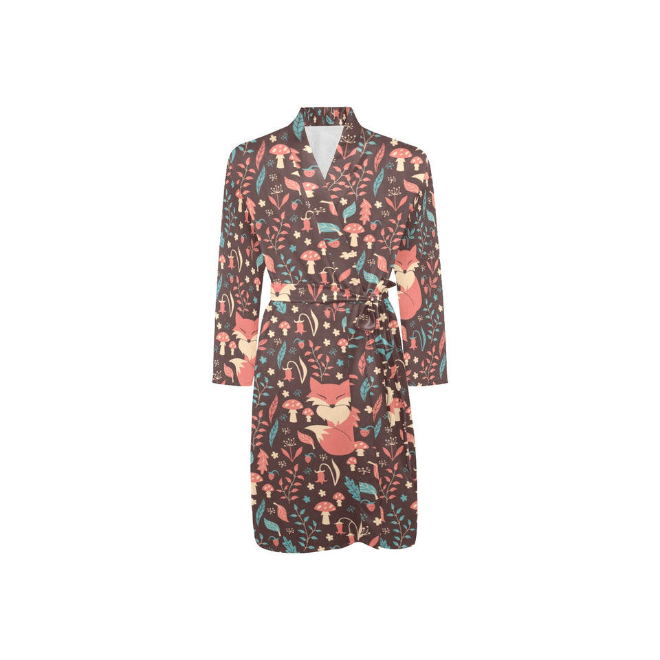 fox leaves mushroom pattern Men's Long Sleeve Belted Night Robe