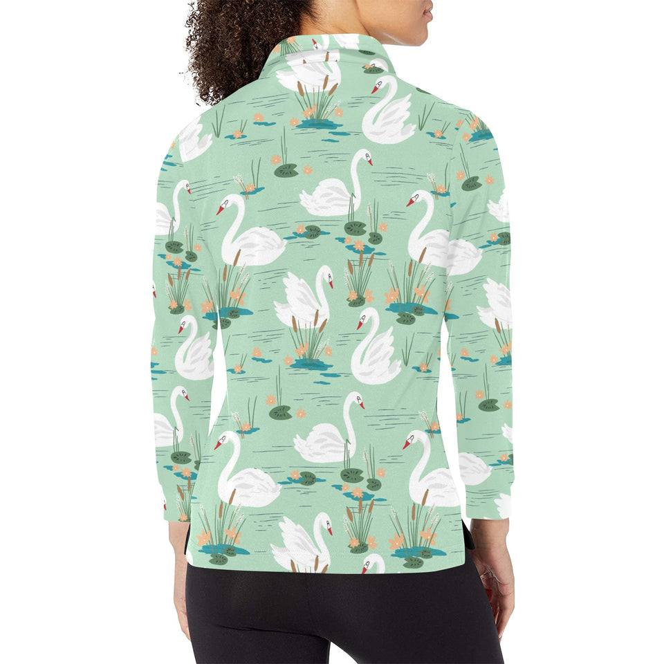 White swan lake pattern Women's Long Sleeve Polo Shirt