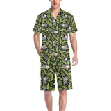 Cute sloths tropical palm leaves black background Men's V-Neck Short Pajama Set