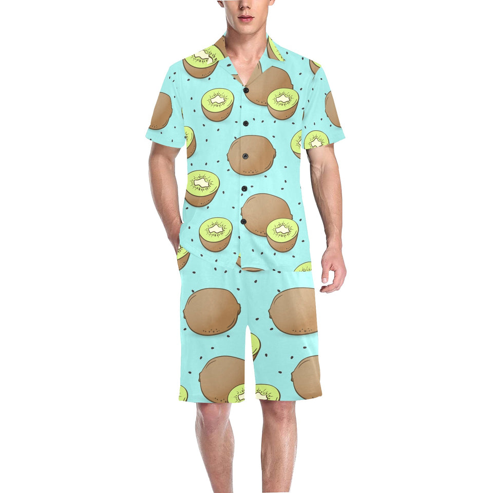 Kiwi blue background Men's V-Neck Short Pajama Set