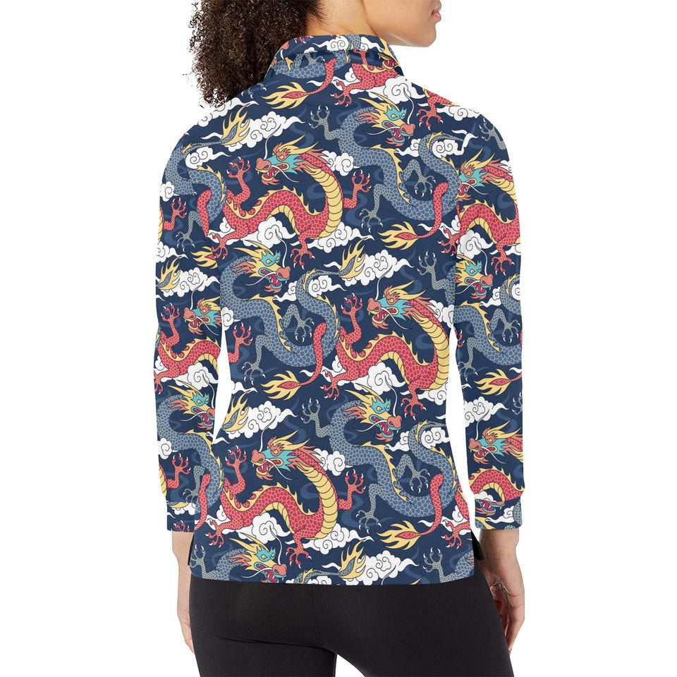 Blue red dragon cloud pattern Women's Long Sleeve Polo Shirt
