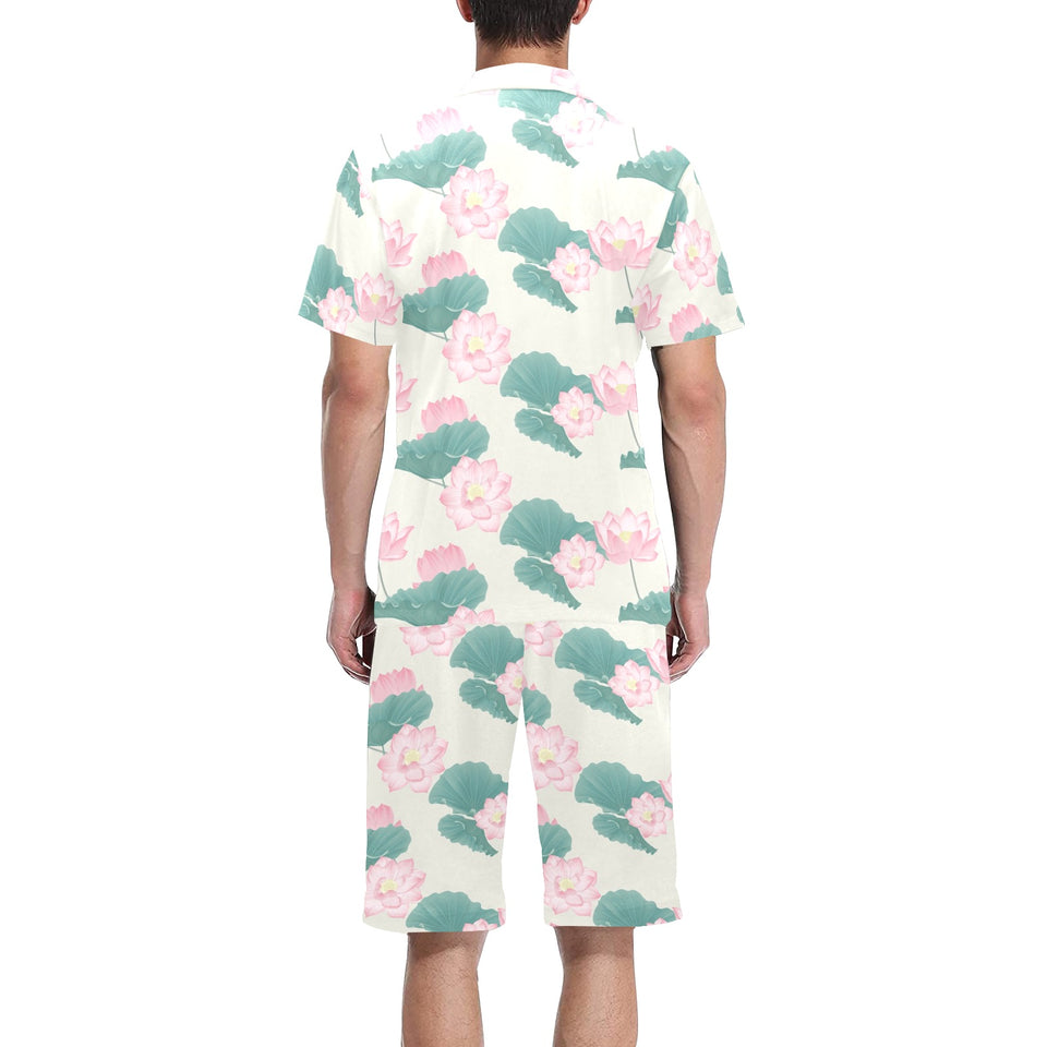 Pink lotus waterlily leaves pattern Men's V-Neck Short Pajama Set