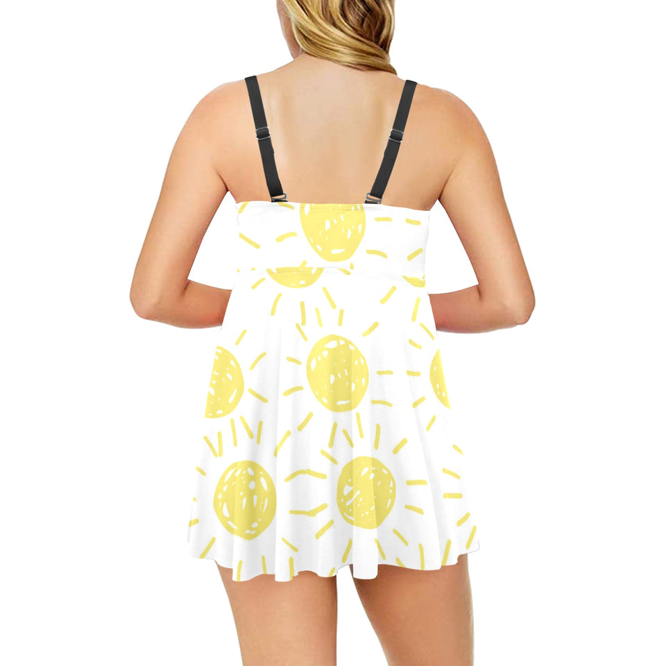 hand drawn sun pattern Chest Sexy Pleated Two Piece Swim Dress
