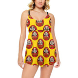Daruma japanese wooden doll yellow background Chest Sexy Pleated Two Piece Swim Dress