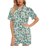 Cute sloths tropical palm leaves white background Women's V-Neck Short Pajama Set