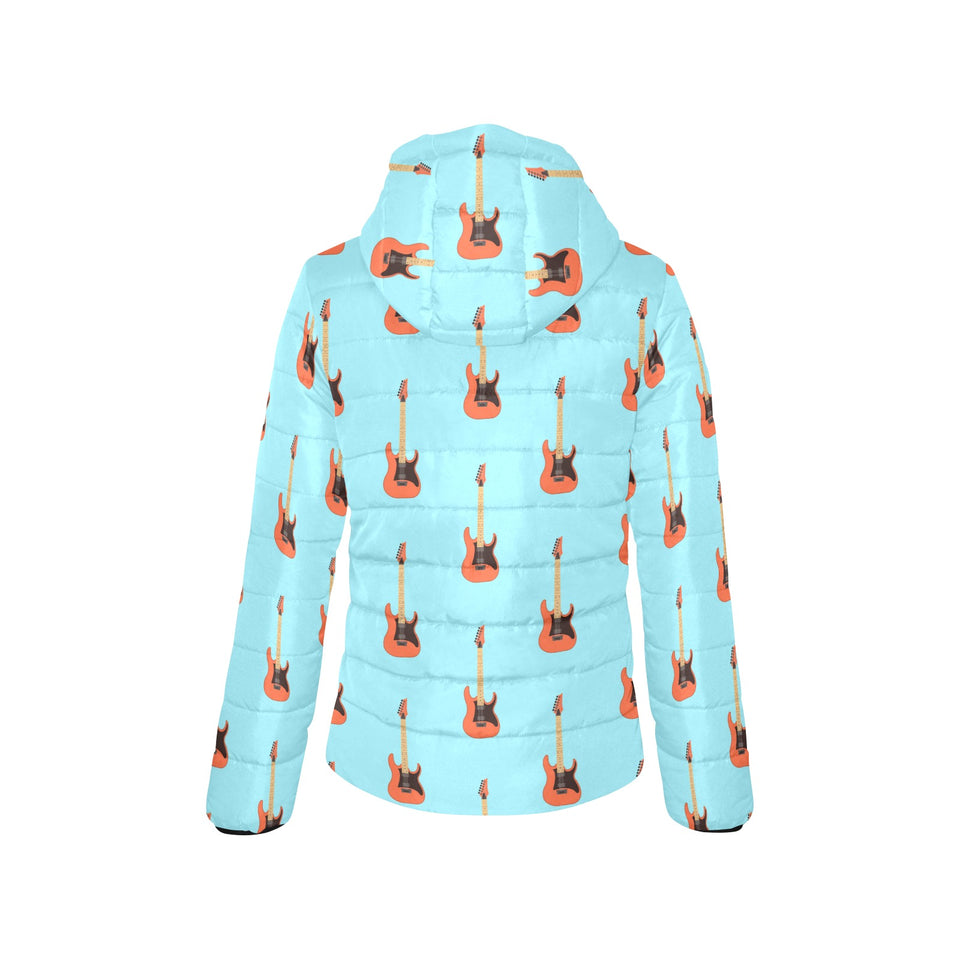 electric guitar pattern light blue background Women's Padded Hooded Jacket