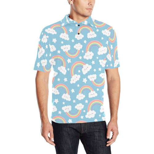 Cute rainbow clound star pattern blue background Men's All Over Print Polo Shirt