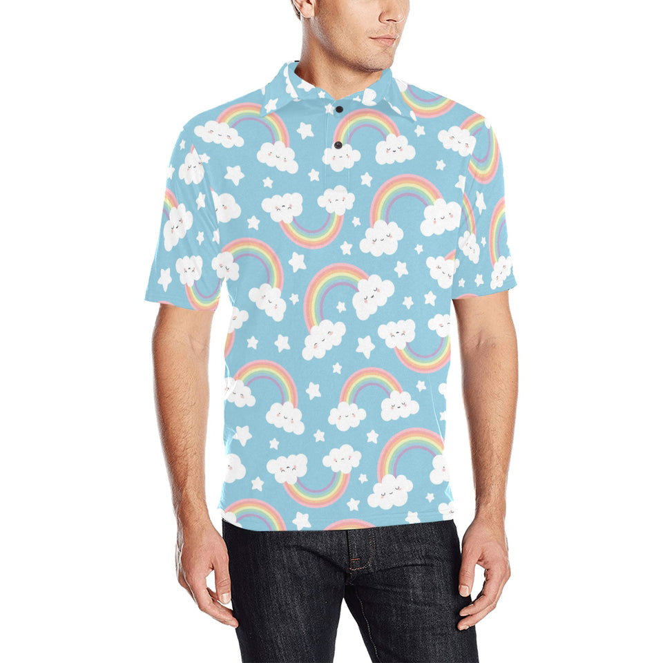 Cute rainbow clound star pattern blue background Men's All Over Print Polo Shirt