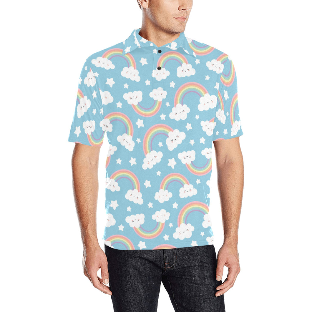 Cute rainbow clound star pattern blue background Men's All Over Print Polo Shirt