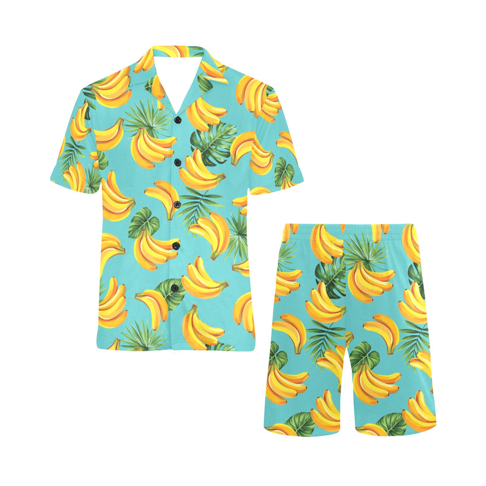 Banana Palm Leaves pattern background Men's V-Neck Short Pajama Set