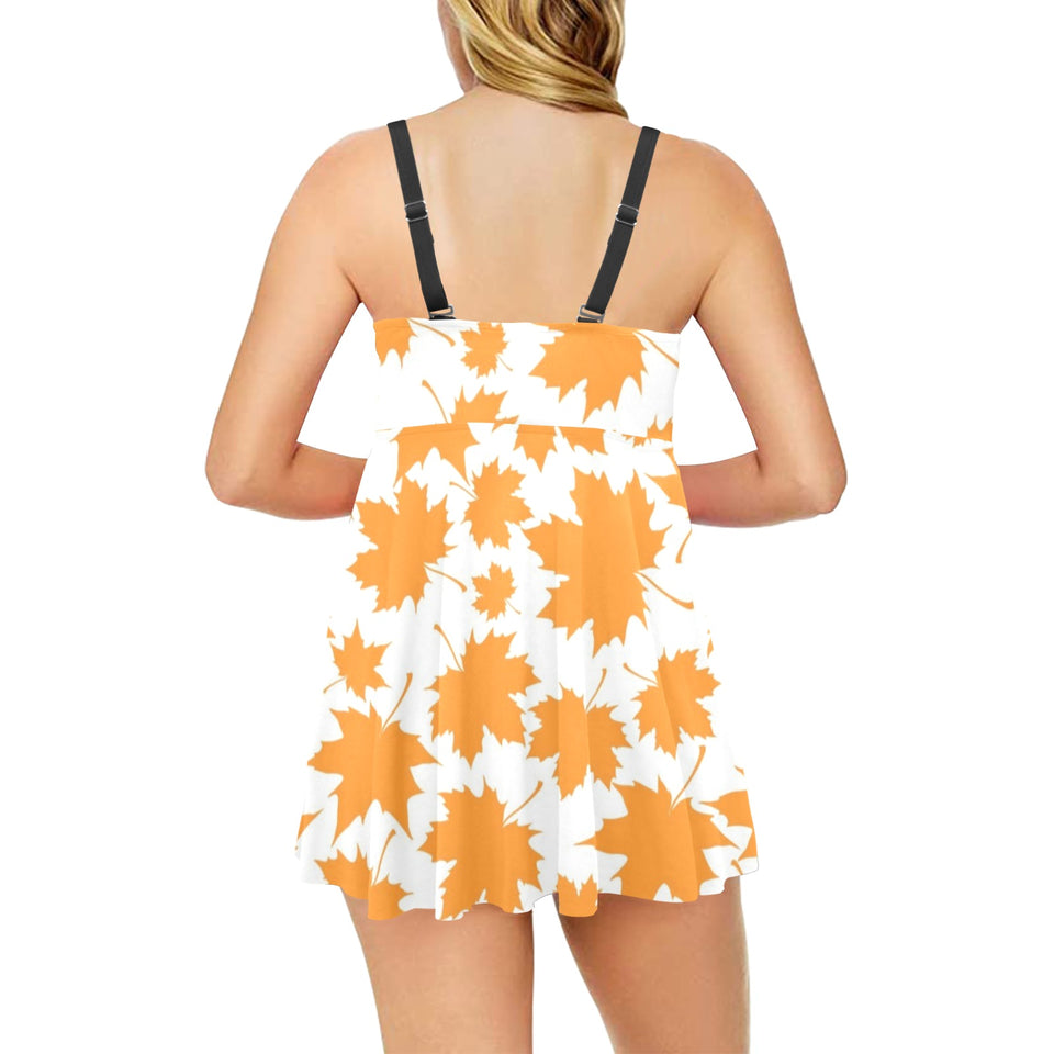 Orange Maple Leaf pattern Chest Sexy Pleated Two Piece Swim Dress