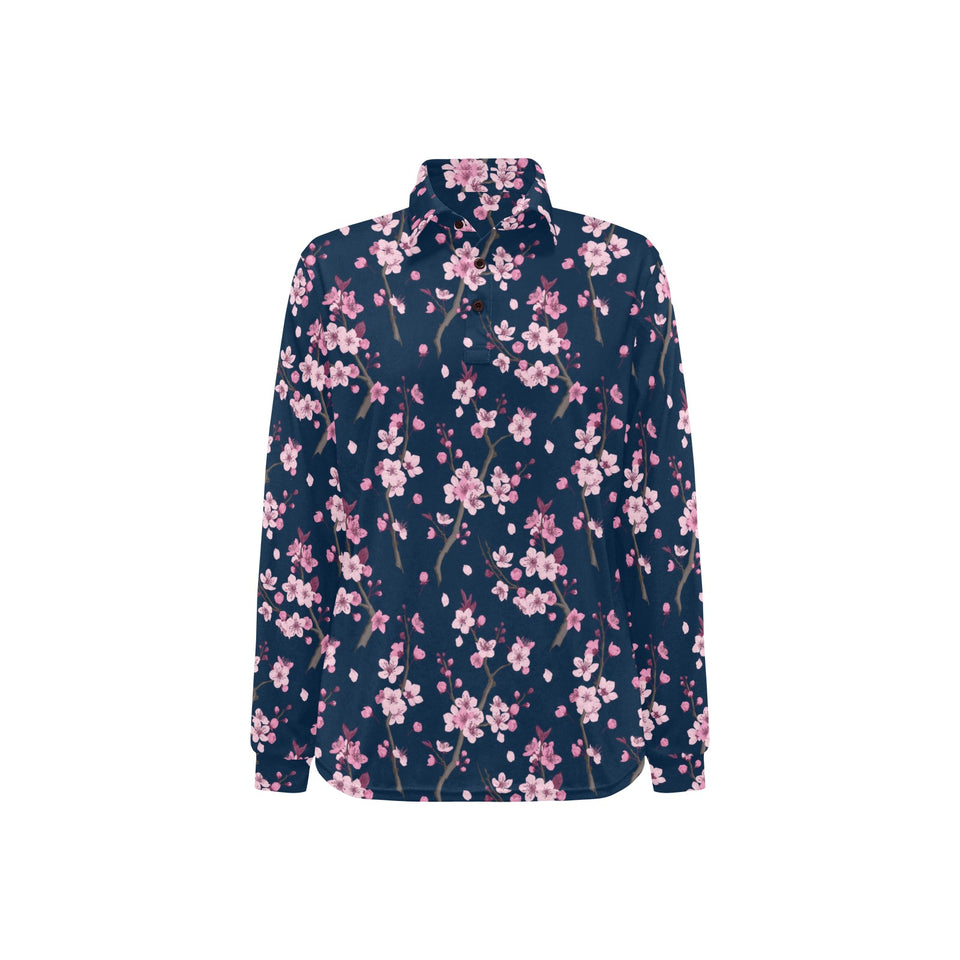Pink sakura cherry blossom blue background Women's Long Sleeve Polo Shirt