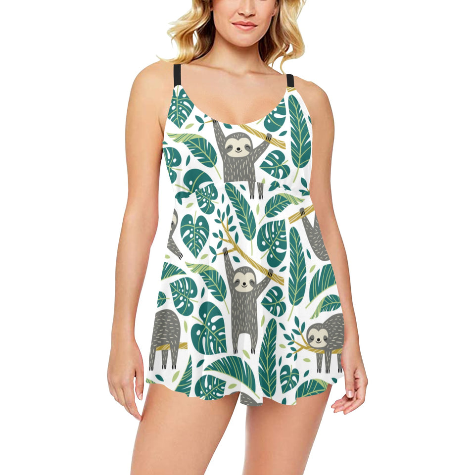 Cute sloths tropical palm leaves white background Chest Sexy Pleated Two Piece Swim Dress