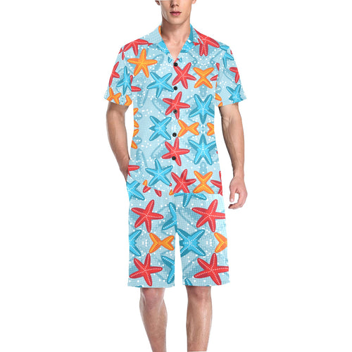 Blue red orange starfish pattern Men's V-Neck Short Pajama Set