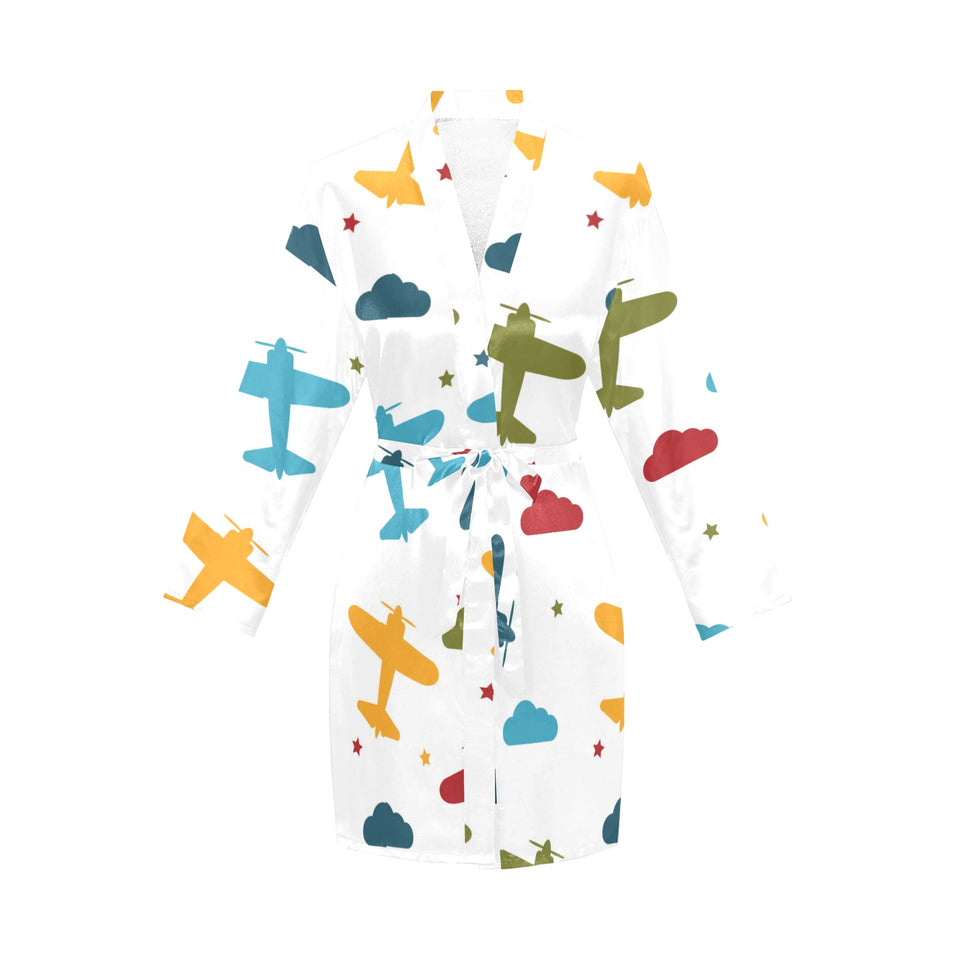 Airplane star cloud colorful Women's Long Sleeve Belted Night Robe