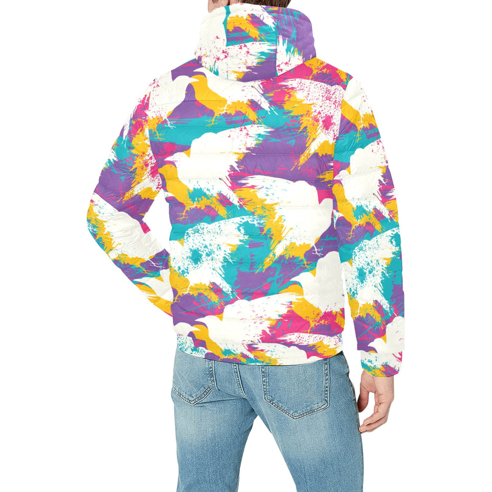 Colorful crow illustration pattern Men's Padded Hooded Jacket