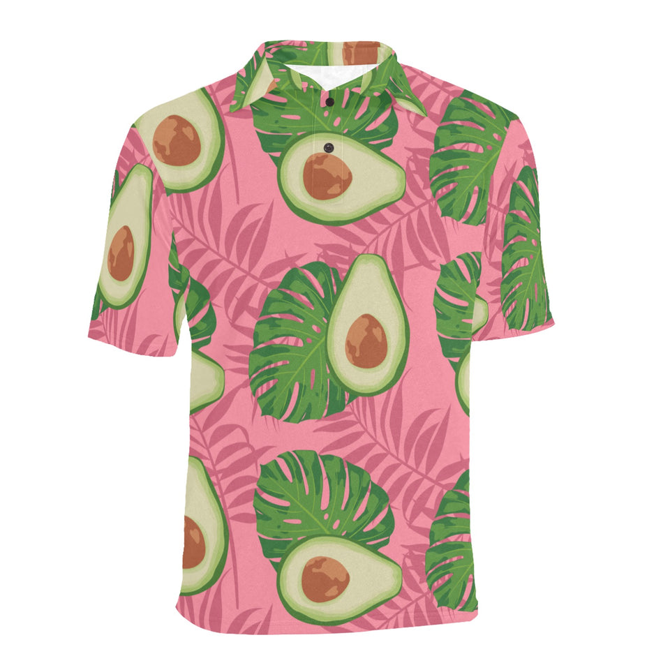 Avocado slices leaves pink back ground Men's All Over Print Polo Shirt