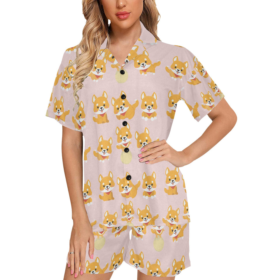 Cute shiba inu dog pattern Women's V-Neck Short Pajama Set