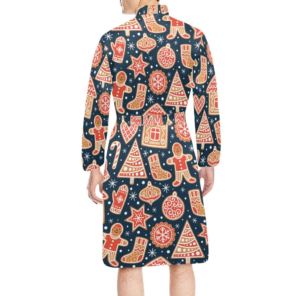 Christmas gingerbread cookie pattern Men's Long Sleeve Belted Night Robe