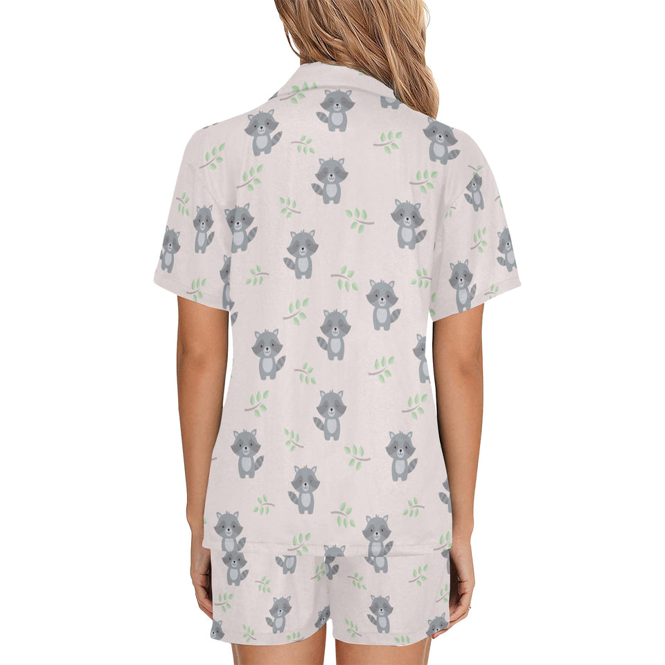 cute raccoons leaves pattern Women's V-Neck Short Pajama Set