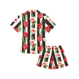 red and white tulips pattern Kids' Boys' Girls' V-Neck Short Pajama Set