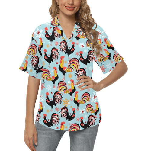 Rooster chicken cock snowfalke Women's All Over Print Hawaiian Shirt