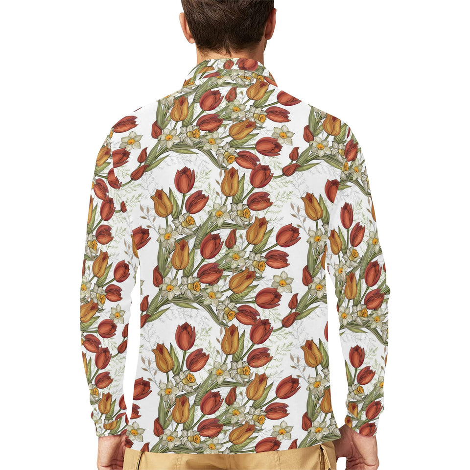 Red tulips and daffodils pattern Men's Long Sleeve Polo Shirt