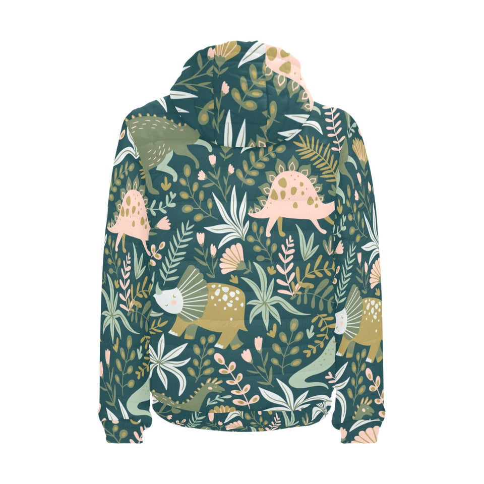 dinosaurs tropical leaves flower pattern Men's Padded Hooded Jacket