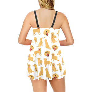 Golden Retriever Pattern Print Design 05 Chest Sexy Pleated Two Piece Swim Dress