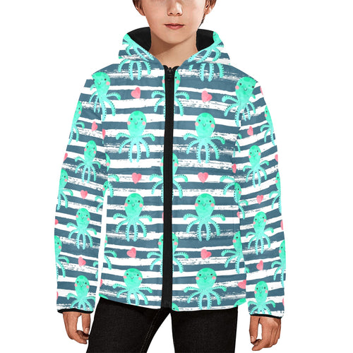 Cute octopuses heart striped background Kids' Boys' Girls' Padded Hooded Jacket