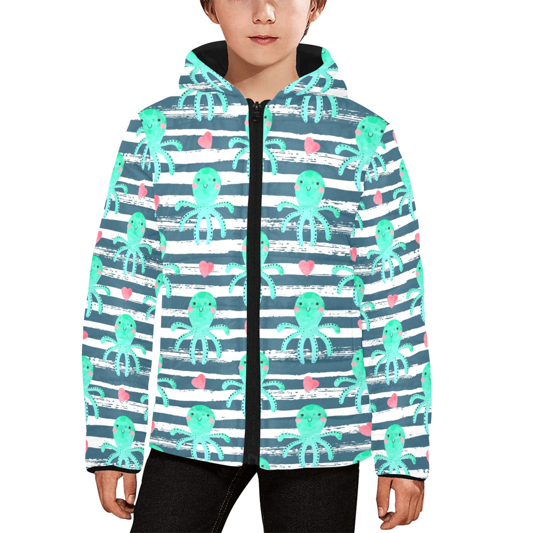 Cute octopuses heart striped background Kids' Boys' Girls' Padded Hooded Jacket