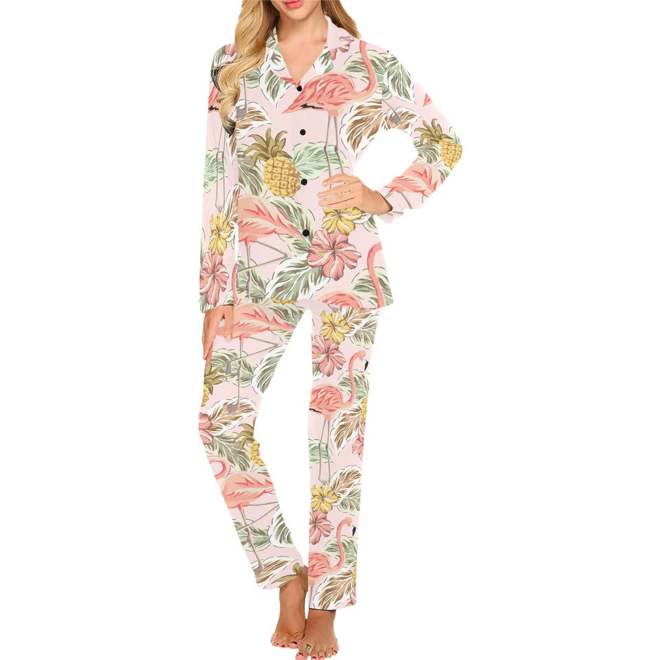 Pink flamingo birds pineapples hibiscus flower pat Women's Long Pajama Set