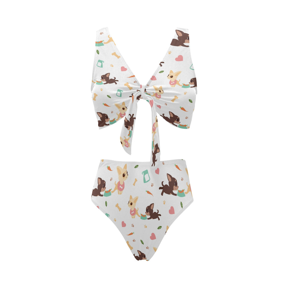 Cute Chihuahua puppie pattern Chest Bowknot High Waisted Bikini Swimsuit
